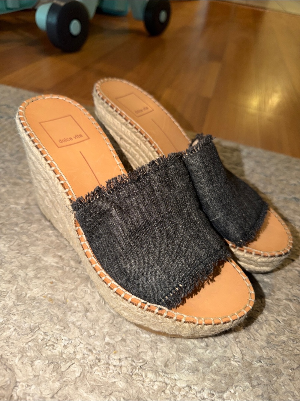 Dolce Vita Black Frayed Denim Espadrille Wedge Slides